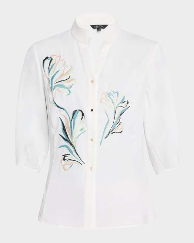 Floral-Embroidered Crepe De Chine Blous